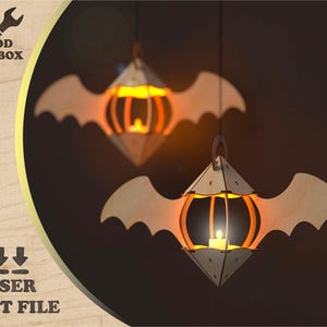 Halloween Bat Lamp - pliki cięte laserowo. 3d Drewniana lampa SVG / Wzór lampki nocnej na Halloween. Pliki wektorowe dla routerów CNC - Ai, Dxf, Pdf, Cdr