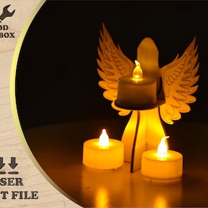 エンジェルキャンドルホルダーSVG | 木製ティーライトスタンド | レーザーカットテンプレート | ティーライトホルダーレーザーファイル | DIY木製エンジェル | レーザー対応ファイル