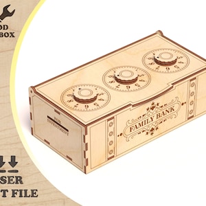 Holzkiste - Tresor mit Zahlenschloss - Laserschnittdatei. SVG Vorlage Familienbank. DXF Schnittmuster Familie sparsicher. Geschenkbox für Geldgeschenke