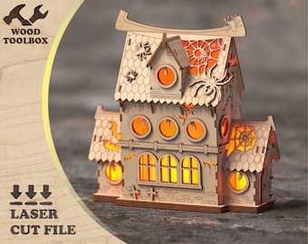 Halloween Haunted House Laser Cut File SVG | 3D Halloween Village Light | Wooden Spooky House 3mm Plywood Glowforge DXF