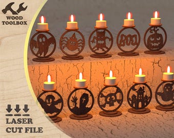 Porte-bougie chauffe-plat Halloween SVG : ensemble de bougies effrayantes découpées au laser (fichier numérique)