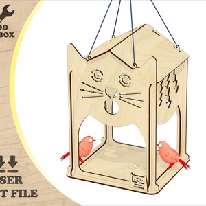 Gato fofo - Alimentador de pássaros - arquivos cortados a laser. Casa de pássaros SVG. Modelo de laser vetorial DXF do alimentador. Padrão de caixa de nidificação. Casa de pássaros Glowforge
