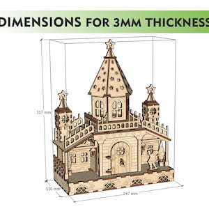 May include: A wooden model of a fairytale castle with a star on top, a small porch, and a figure of a person standing outside. The model is 317 mm tall, 247 mm wide, and 116 mm deep. The model is made of wood and is designed to be assembled.