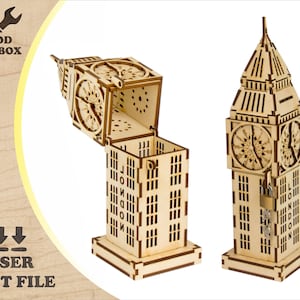 Könnte beinhalten: Ein Holzmodell von Big Ben, dem berühmten Uhrturm in London, England. Das Modell ist eine detaillierte Nachbildung des echten Turms mit einem funktionierenden Zifferblatt und einem Schlüsselloch an der Seite. Das Modell ist aus lasergeschnittenem Holz gefertigt und bereit zum Zusammenbauen.