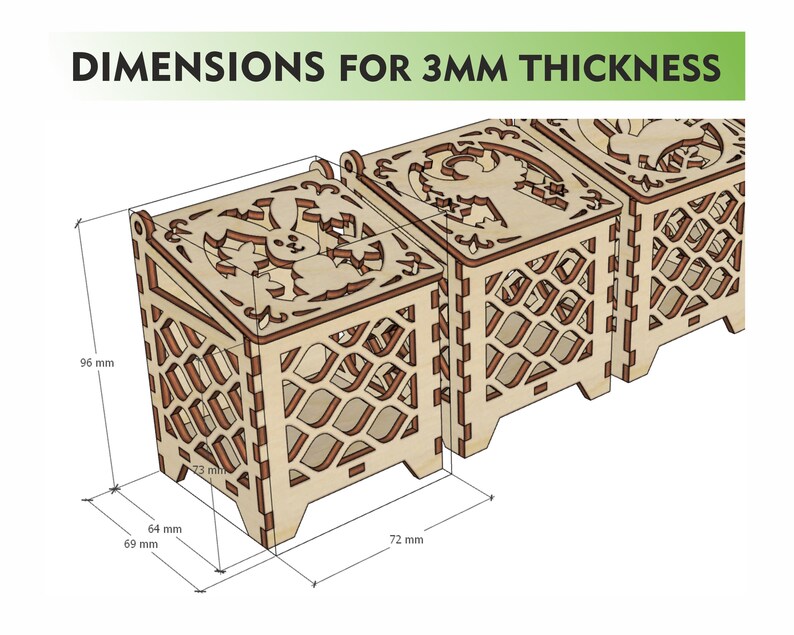 May include: A set of three wooden boxes with intricate cut-out designs. Each box measures 72 mm x 69 mm x 96 mm and is 3 mm thick. The boxes are arranged in a row, with the front box featuring a bunny design.