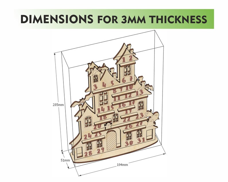 May include: A wooden haunted house advent calendar with 31 numbered doors. The house is 194 mm wide, 285 mm tall, and 51 mm deep.
