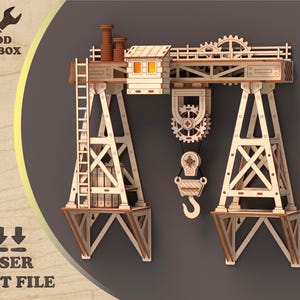 Crane Wall Art Laser Cut File SVG | Industrial Wall Decor | Harbor Crane 3D Wooden Sign | 3mm Plywood Glowforge DXF