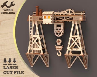 Crane Wall Art Laser Cut File SVG | Industrial Wall Decor | Harbor Crane 3D Wooden Sign | 3mm Plywood Glowforge DXF