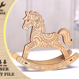 Caballo balancín navideño: archivos cortados con láser. Patrones cortados con láser para diseños navideños. Plantillas de juguetes para niños para fresadoras láser CNC en formatos DXF y SVG