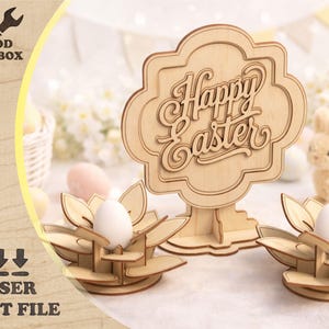 Easter Table Decor SVG Bundle | Happy Easter Sign & Egg Holders | Laser Cut Files for Wood | Fast Assembly DIY Easter Decor