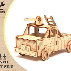 May include: A laser-cut wooden fire truck model. The truck features a ladder, a water cannon, and the word "FIRE" on the front. The wheels and body are intricately detailed. The image also includes the text "WOOD TOOLBOX" and "LASER CUT FILE".