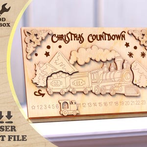Calendario de Adviento de Navidad: archivos cortados con láser. Decoración navideña DXF CDR Ai / Plantilla de calendario DIY Tren de madera / Tren de juguete SVG láser navideño