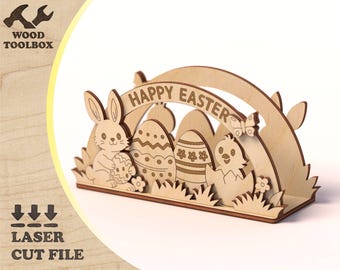 Easter Table Decor SVG | Happy Easter Scene with Bunny & Chick | Layered Laser Cut File for Wood | Fast Assembly Easter DIY