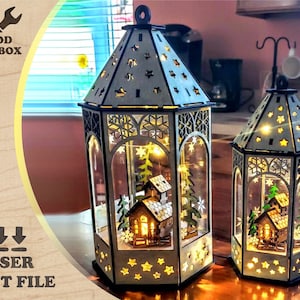 Farol de Navidad de hadas - archivo cortado con láser - archivo SVG de Navidad / escena de invierno DXF / plano vectorial para CNC / ideas de diseño navideño / decoración navideña