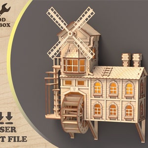 Moulin suspendu avec lumières - Fichiers découpés au laser. Cabane dans les arbres miniature, construction médiévale en bois, kits SVG, coupe dxf, bâtiments 3d en MDF, CDR Ai