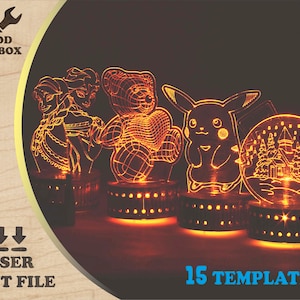 May include: 15 laser cut templates for night lights. The templates include a teddy bear, two princesses, a Pokemon character, and a winter scene.