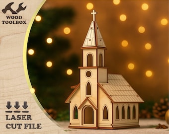 Wooden Church Laser Cut File – Christmas Village Building SVG, DIY Chapel Glowforge Project, Nativity Scene Decor Template