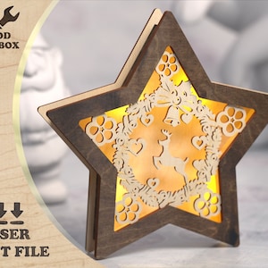 木製スターランタン SVG ファイル | DIY クリスマスライトボックス | ホリデーナイトランプ | 新年のレーザーカットギフト | レイヤードデザイン