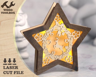 Wooden Star Lantern SVG File | DIY Christmas Lightbox | Holiday Night Lamp | Laser Cut Gift for New Year | Layered Design