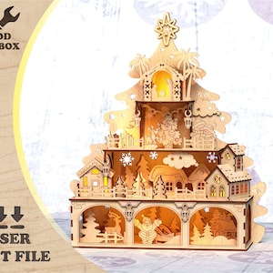 Christmas scene - Xmas Tree - laser cut files. Laser cut project plan. Wooden Christmas Tree. Xmas SVG, Ai, Cdr, Dxf and Pdf file