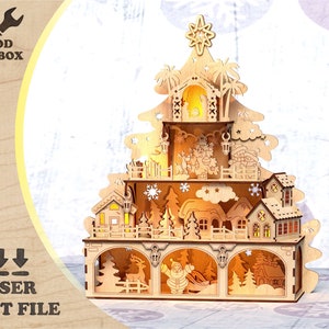 Christmas scene - Xmas Tree - laser cut files. Laser cut project plan. Wooden Christmas Tree. Xmas SVG, Ai, Cdr, Dxf and Pdf file