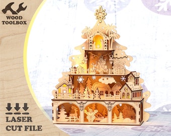 Kersttafereel - kerstboom - lasergesneden bestanden. Lasergesneden projectplan. Houten kerstboom. Kerst SVG-, Ai-, Cdr-, Dxf- en Pdf-bestand