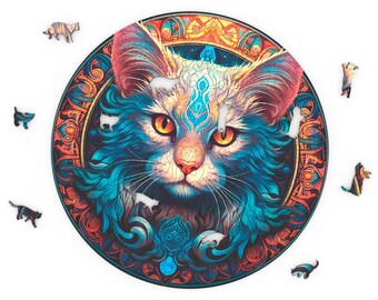 Gato - redondo 300x300- Rompecabezas -Animal de madera único, Rompecabezas SVG, Plantillas de rompecabezas CDR, Rompecabezas PDF, Archivo cortado por láser, Vector de rompecabezas