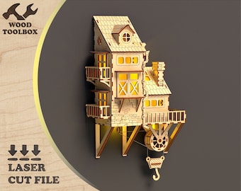 Wandhaus mit Beleuchtung – Lasercut-Datei. Haus Dekorationen Vorlagen / Hängendes Haus CNC / 3D Muster Haus / Haus mit Balkon