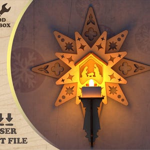 Chandelier suspendu - fichiers découpés au laser. Support de Noël pour bougies chauffe-plat LED étoile de Noël. Bougeoir mural en bois. Fichier de scène autochtone de Noël
