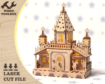 Paleis van de kerstman: lasergesneden bestand. Leuk kersthuis SVG, vectorplan voor CNC, kerstontwerpideeën, winters tafereel DXF, nieuwjaarsdecor