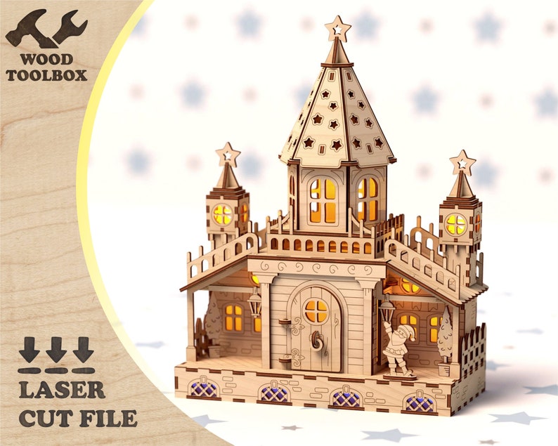 May include: A wooden laser cut model of a Christmas house with a Santa Claus figure standing in front of the door. The house has a pointed roof with a star on top and windows with lights inside. The model is made of light brown wood and has a detailed design.