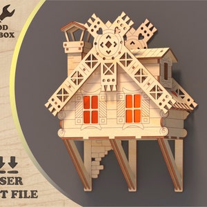 Maison sur le mur - fichiers découpés au laser. Cabane dans les arbres miniature. Modèles de décoration de maison, bâtiment Medievil SVG, modèle de maison suspendue DXF