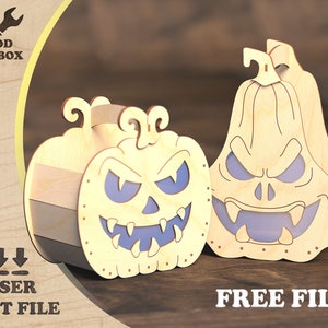 Kosze na Halloween - pliki cięte laserowo. Pudełko na słodycze. Wzór DXF na Halloween. Plan wektorowy SVG CDR dla cnc. Szablony laserowe dla mdf