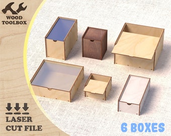 Set of boxes - laser cut files. Wooden packing with sliding lids / SVG wooden box / DXF CDR template / vector files cnc / organizers pattern