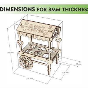 May include: A wooden Easter egg cart with a sign that says "Happy Easter". The cart is 19.8 inches long, 12.5 inches wide, and 10.2 inches tall. It has a wheel on one side and a handle on the other.