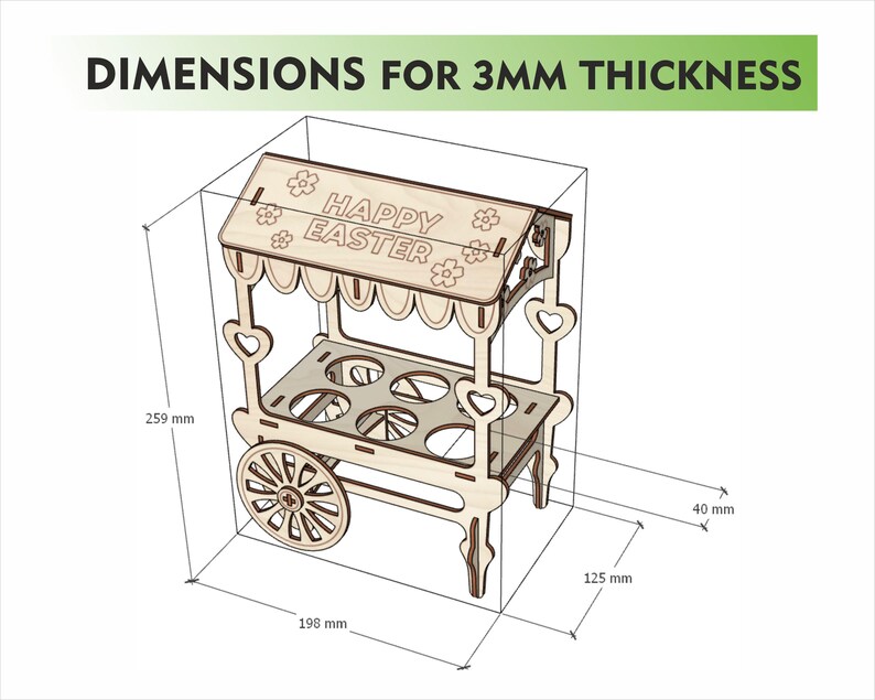 May include: A wooden Easter egg cart with a sign that says "Happy Easter". The cart is 19.8 inches long, 12.5 inches wide, and 10.2 inches tall. It has a wheel on one side and a handle on the other.