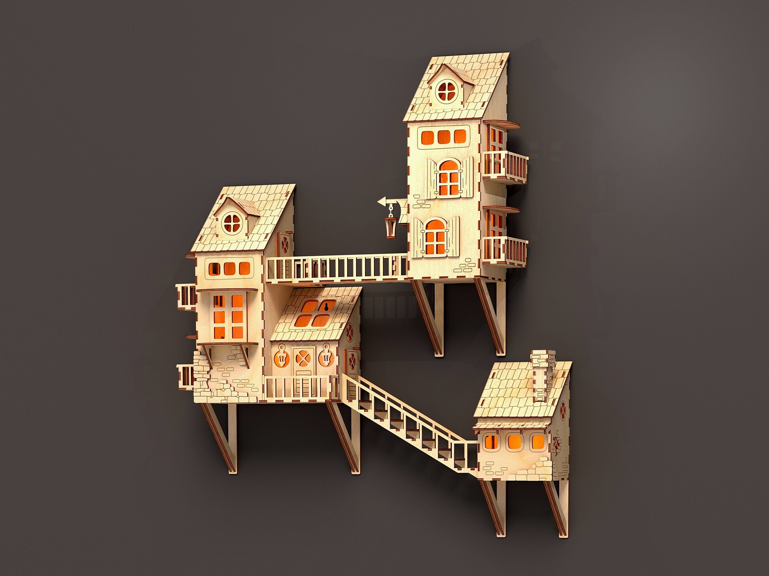 3Dペーパーハウス(trois dimensions) Hanging House With Lights - Laser Cut Files. Miniature Tree House