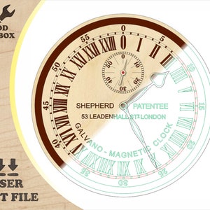 Pode incluir: Um arquivo de corte a laser para um mostrador de relógio com algarismos romanos e um mostrador de relógio menor no interior. O texto no mostrador do relógio diz "SHEPHERD 53 LEADENHALL ST LONDON GALVANO - MAGNETIC CLOCK PATENTEE".