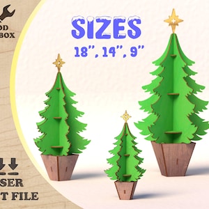 3D Wooden Christmas Tree Laser Cut File – Holiday Decor SVG DXF | DIY Tabletop Tree | 18" 14" 9" Sizes | Slot Together Design