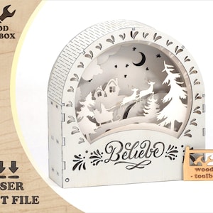 Laser Cut Christmas Shadow Box | Reindeer Sleigh SVG | Winter Scene | DIY Wood Decor | Holiday Layered Light Box File