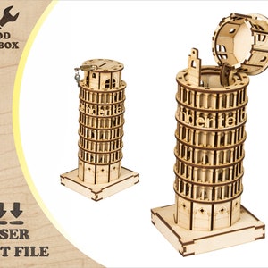Torre de Pisa: archivos cortados con láser. Plantillas SVG para láser, caja fuerte de madera, modelo de patrón DXF de edificio famoso, planos vectoriales para fresadoras CNC