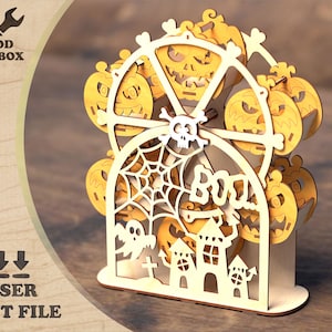 Halloween Wheel Carousel - laser cut files. Decorations for Halloween party. DXF pattern stand for sweets. SVG pattern, vector plan for CNC