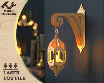 Laser Cut Wall Lantern SVG, Wooden Hanging Candle Holder DXF, CNC Scroll Bracket, Tealight Lamp Digital File, Glowforge Cut File