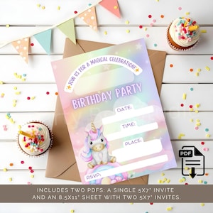 Invito di compleanno a tema unicorno: biglietto da compilare con arcobaleno pastello (scarica PDF)
