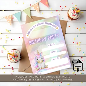 Faire-part d'anniversaire licorne à remplir | Girl Party Téléchargement instantané | Invitation numérique pastel arc-en-ciel | Carte de fête licorne magique