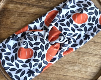 Black Leaves & Pumpkins Twist Headband: Fall Stretch Headband