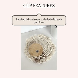 May include: A close-up of a beige woven cup coaster with a wooden lid and a clear straw. The text "Bamboo lid and straw included with each purchase" is visible in the image.