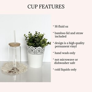 May include: A clear glass cup with a bamboo lid and straw, a white ceramic planter with a lace design, and a beige crocheted coaster. The cup is 16 fluid ounces and features a high-quality permanent vinyl design. Hand wash only, not microwave or dishwasher safe, and for cold liquids only.