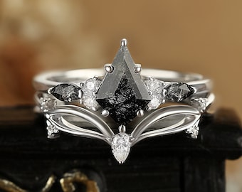 Kite cut black rutilated quartz white gold engagement ring set, Pear cut diamond wedding band, Marquise cut art deco moissanite bridal set
