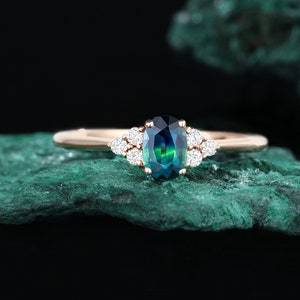 oval teal sapphire engagement ring Rose gold ring Unique vintage art deco Diamond ring six stones ring Anniversary promise ring anniversary
